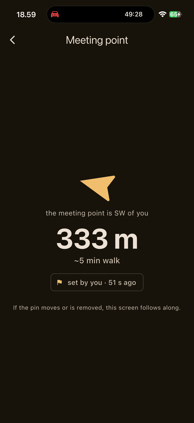 The findme arrow screen pointing south-west with 333 metres and about a five minute walk