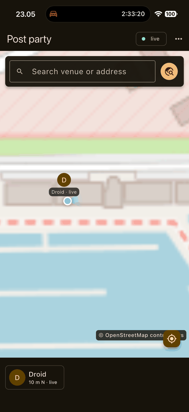 The findme crew map showing a friend named Droid as a live dot ten metres north