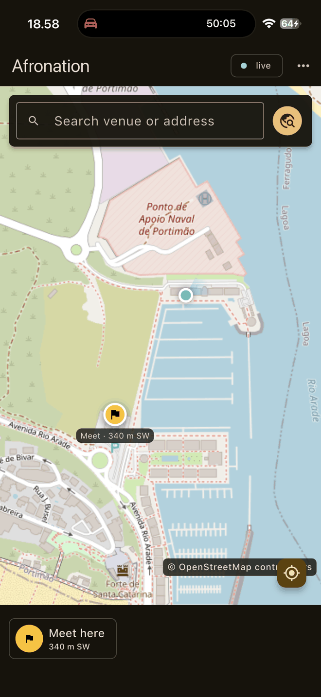 A map of the Afronation festival site in Portimão with an amber meeting point flag 340 metres south-west